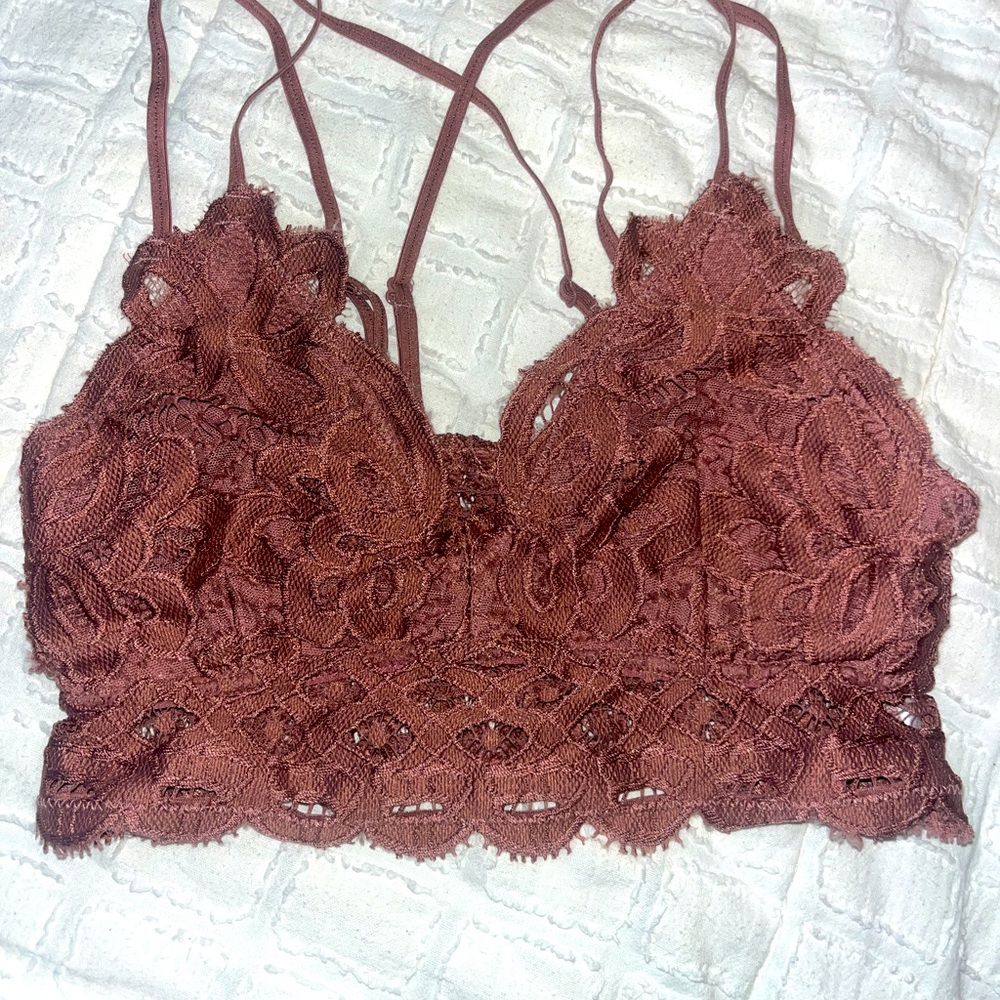 Maroon colored lace bralette